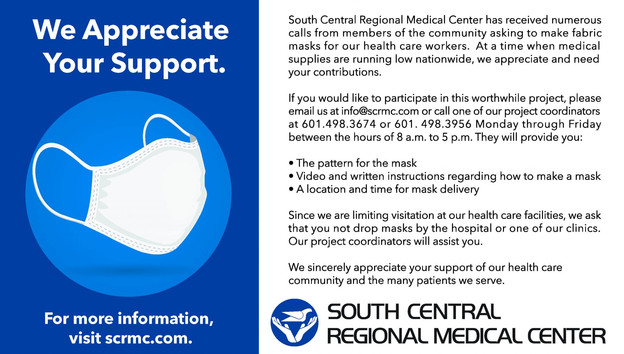 SCRMC Seeks Donations for HandSewn Face Masks South Central Regional